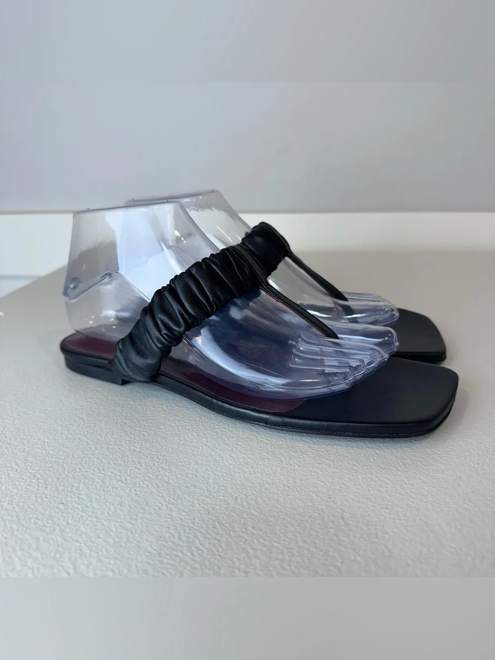Staud Black Ruched Leather Ava Square Toe Casual Date Night Sandals Size 38 or 8